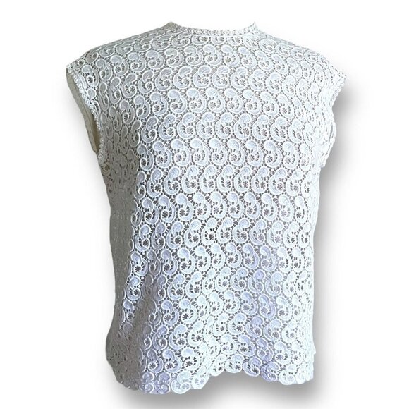 Vintage 1950s Womens Button Back Blouse Sz M Cream Lace Front Sheer Sleeveless - Picture 1 of 7